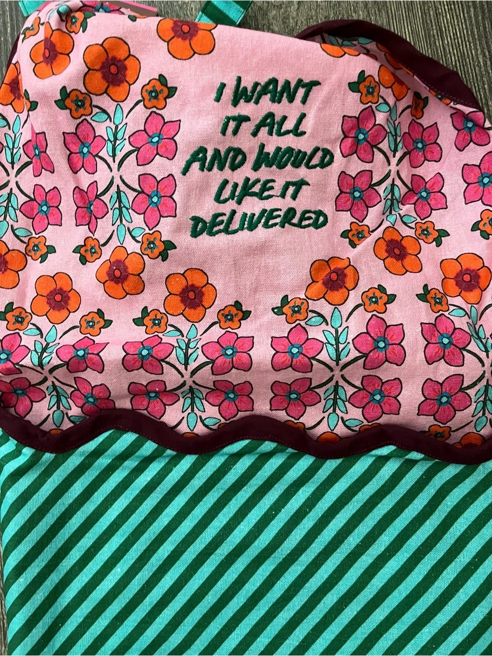 Furbish Studio Cheeky Apron. Whimsical bright, stripes, flowers prints! New!